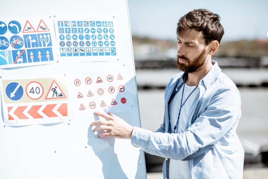 Mitcham Driving School dual control car interior — instructor explaining traffic signs to a learner during an automatic or manual lesson